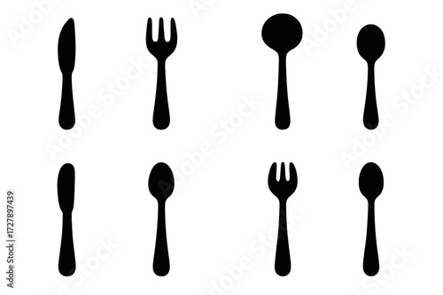 Formal Silverware Icons. Solid, filled icon set of formal silverware: fish knife, oyster fork, soup ladle, bouillon spoon, butter spreader, demitasse spoon,