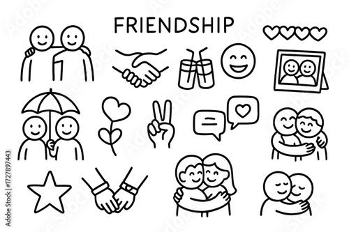 Friendship Doodle Icons. Hand-drawn doodle illustration Friendship bond [linked arms, handshake, smiling faces, shared drink, laughing emoji, photo frame,