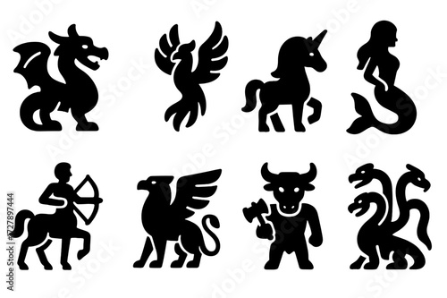 Mythical Creatures Icons. Solid, filled icon set of mythological creatures: dragon, phoenix, unicorn, mermaid, centaur, griffin, minotaur, hydra. [Line icons