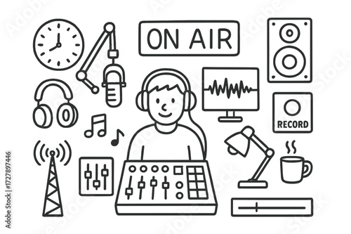 Radio Studio Doodles. Hand-drawn doodle illustration [radio broadcast studio] microphone, control board, headphones, radio host, waveform screen, ?on air?