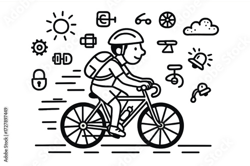 Cyclist Doodle Art. Hand-drawn doodle illustration person on bicycle bicycle, helmet, person riding, pedals, wheels, handlebars, road line, speed lines,