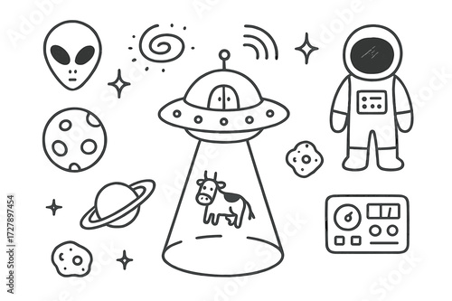 Alien Doodle Extravaganza. Hand-drawn doodle illustration alien spaceship UFO, beam of light, alien face, stars, galaxy, flying saucer, antennas, hatch,