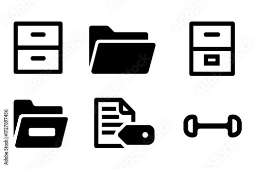 Document Storage Icons. Solid, filled icon set of document cabinet: filing cabinet, file folder, locked drawer, archive box, open drawer, paper stack, label
