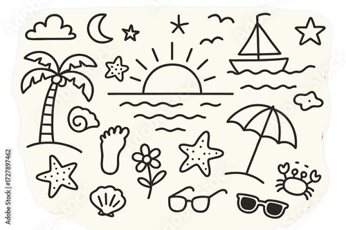 Beach Doodle Icons. Hand-drawn doodle illustration evening beach walk sunset, star, moon, wave, seashell, starfish, palm tree, footprint, flower, umbrella,