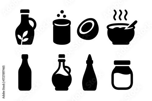 Plant-Based Cooking Icons. Solid, filled icon set of plant-based cooking ingredients: olive oil, nutritional yeast, coconut oil, vegetable broth, tamari, maple