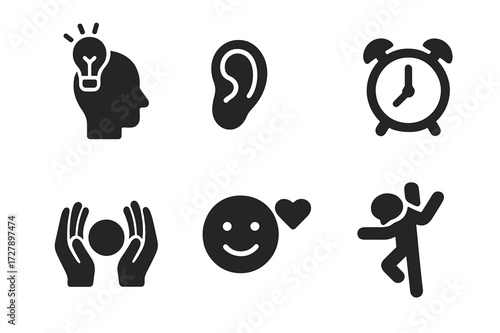 Improvisation Skills Icons. Solid, filled icon set of improvisation cognitive skills: creativity, listening, memory, timing, coordination, emotion,
