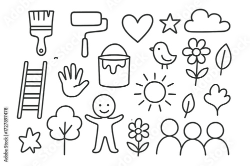Collaborative Mural Doodle Icons. Hand-drawn doodle illustration Collaborative mural wall, paintbrush, roller brush, paint bucket, ladder, handprint, heart,