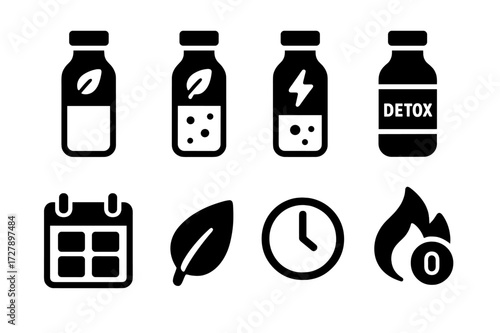 Detox Juice Icons. Solid, filled icon set of detox juice sets: green cleanse, red flush, yellow energy, detox bottle label, day-by-day set, fresh leaf icon,