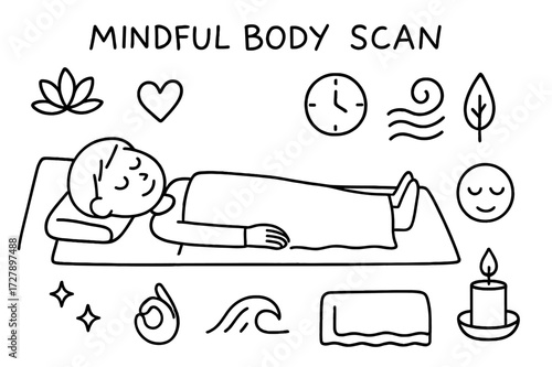 Mindful Body Scan Doodle. Hand-drawn doodle illustration Mindful body scan person lying on mat, closed eyes, cushion, lotus flower, heart, clock, spiral,