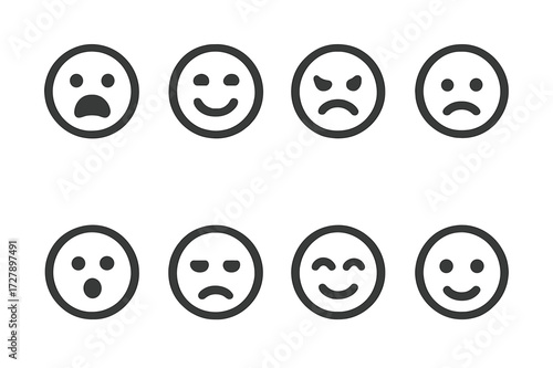 Instinctive Emotions Icons. Solid, filled icon set of instinctive emotions: fear, joy, anger, sadness, surprise, disgust, trust, anticipation. [Line icons in