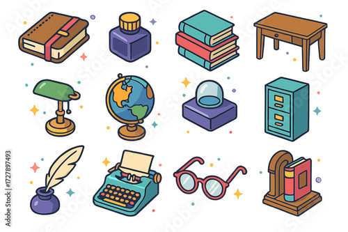 Bourgeois Office Icons. Colorful isometric vector icons set of Bourgeois office and study: leather notebook, ink bottle, book stack, writing desk, banker?s