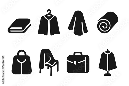 Cloak Storage Icons. Solid, filled icon set of cloak folding and storage: cloak folded, cloak on hanger, cloak draped, cloak rolled, cloak in bag, cloak on