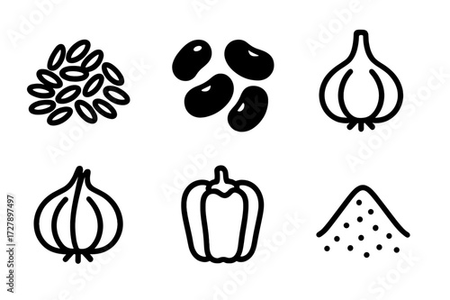 Rice and Beans Icons. Solid, filled icon set of rice and beans ingredients: white rice, black beans, red beans, garlic, onion, bell pepper, tomato, cumin.