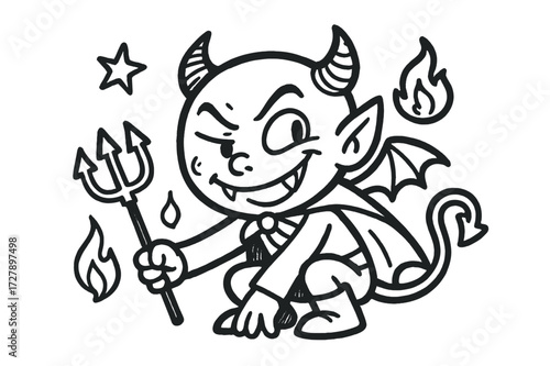 Playful Little Devil. Hand-drawn doodle illustration Little Devil Character cartoon horns, smirk, tiny trident, fire spark, curled tail, mini wings, playful
