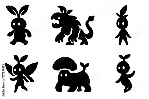 Animated Plant Icons. Solid, filled icon set of animated plant creatures: walking mandrake, vine beast, root golem, barkling, sprout fairy, fungus crawler,