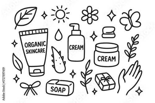 Organic Skincare Doodle Icons. Hand-drawn doodle illustration Organic skincare cosmetic tube, jar, pump, leaf, flower, aloe vera, droplet, sparkle, sun, plant