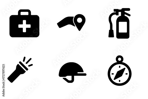 Camp Safety Icons. Solid, filled icon set of camp safety: first aid kit, whistle, map, fire extinguisher, flashlight, helmet, emergency signal, compass.
