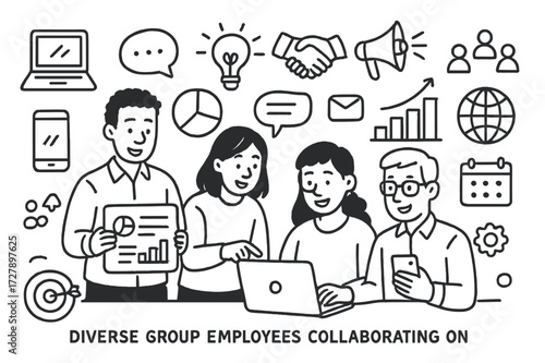 Collaborative Marketing Symbols. Hand-drawn doodle illustration A Diverse Group of Employees Collaborating on a Digital Marketing Campaign [laptop, smartphone,