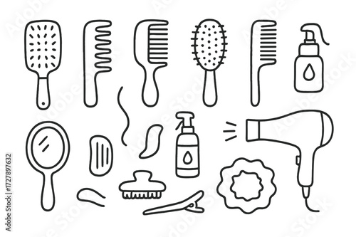 Hair Tools Doodle. Hand-drawn doodle illustration [Hairbrush and comb set] [paddle brush, wide-tooth comb, round brush, detangling brush, fine-tooth comb,
