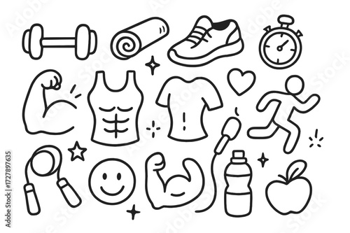 Fitness Doodle Icons. Hand-drawn doodle illustration Fitness and body care dumbbell, yoga mat, sneakers, stopwatch, water bottle, apple, heart, running figure,