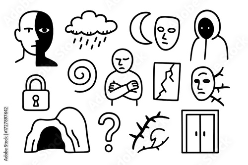 Shadow Self Symbols. Hand-drawn doodle illustration [Shadow self] half face, dark cloud, eye in shadow, cloak, moon, downward spiral, crossed arms, lock, mask,