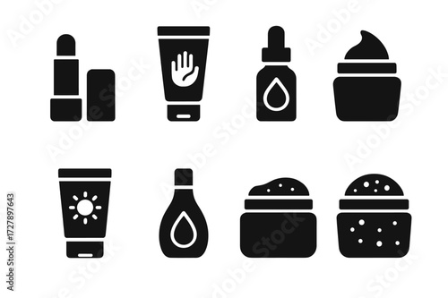 Black Balm Icons. Solid, filled icon set of cream balm related products: lip balm, hand lotion, face serum, body butter, ointment, sunscreen, massage oil,