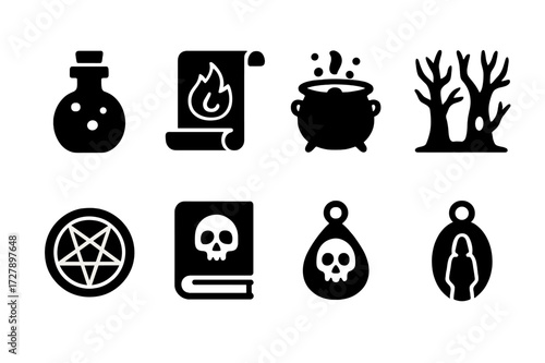 Nightshade Icon Set. Solid, filled icon set of nightshade mythology and lore: witch potion, cursed scroll, druid cauldron, haunted grove, dark ritual symbol,