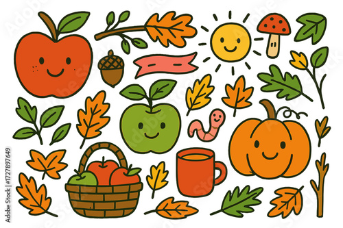 Autumn Harvest Doodles. Fall harvest. Colorful Hand-drawn doodle Children illustration Red apple, green apple, basket, tree branch, leaves, acorn, pumpkin,