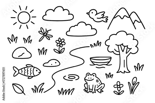 River Landscape Doodle. Hand-drawn doodle illustration Clear river landscape river, fish, rock, tree, mountain, cloud, sun, bird, grass, flower,