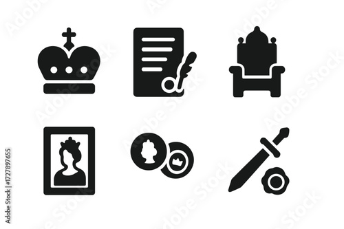 Queen?s Artifacts Icons. Solid, filled icon set of queen?s historical artifacts: ancient crown, royal manuscript, antique scepter, medieval throne, historical