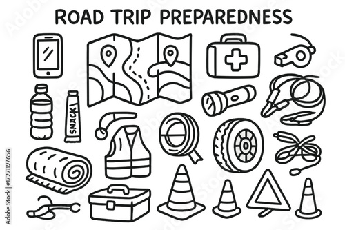 Road Trip Essentials. Hand-drawn doodle illustration Road trip preparedness map, phone, water bottle, snack bar, first aid kit, flashlight, spare tire, jumper
