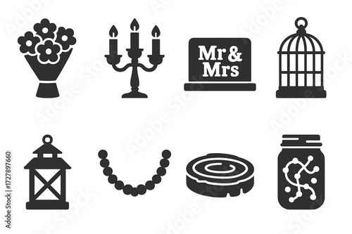 Wedding Icon Set. Solid, filled icon set of wedding centerpieces: flower bouquet, candelabra, Mr & Mrs sign, vintage birdcage, wedding lantern, pearl garland,