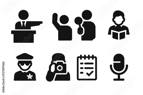 Auction Icons Set. Solid, filled icon set of auction participants: auctioneer, bidder raising hand, bidder with paddle, clerk, security guard, photographer,