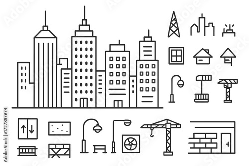 Doodle Cityscape Icons. Hand-drawn doodle illustration [urban skyscrapers] [tower, skyline, window, rooftop, antenna, cityscape, elevator, concrete slab,