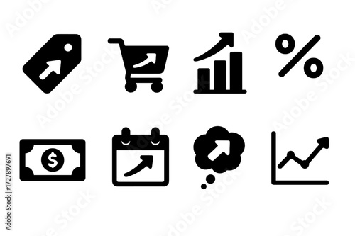 Inflation Icon Set. Solid, filled icon set of inflation indicators: price tag, shopping cart, bar chart, inflation rate, dollar bill, economic calendar,