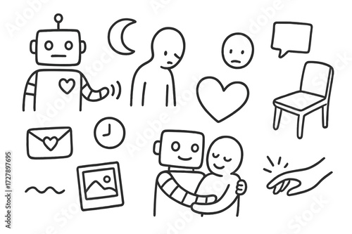 Robotic Companionship Doodles. Hand-drawn doodle illustration [Loneliness and robotic companionship] [robot, human, heart, empty chair, chat bubble, moon,
