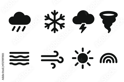 Weather Icons Grid. Solid, filled icon set of vegan lifestyle: recycle symbol, reusable bag, bike, solar panel, plant pot, water bottle, heart, leaf. [Line