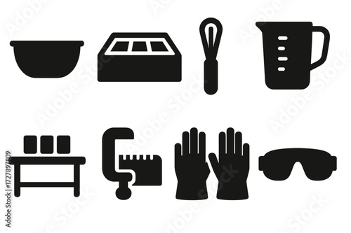 Soap Making Icons. Solid, filled icon set of soap production tools: mixing bowl, soap mold, whisk, pouring jug, curing rack, soap cutter, gloves, safety