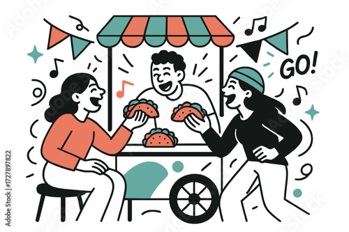 Colorful Taco Gathering. Friends sharing colorful tacos at a street stand, laughter in the air. Banners and music notes float around, adding rhythm. Modern