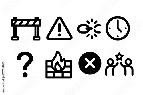 Startup Challenge Icons. Solid, filled icon set of start-up challenges: obstacle, warning sign, broken chain, clock, question mark, firewall, error,