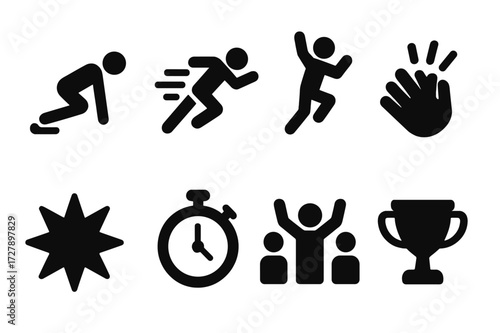 Impulse Sports Icons. Solid, filled icon set of impulse sports: sprint start, fast runner, jumping, quick reflex, burst energy, stopwatch, cheering crowd,