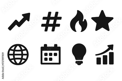 Social Media Icons. Solid, filled icon set of social media trends: trending up, hashtag, fire, star, globe, calendar, light bulb, graph. [Line icons in only
