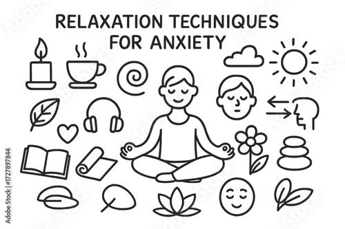 Anxiety Relaxation Doodles. Hand-drawn doodle illustration Relaxation techniques for anxiety [candle, teacup, lotus pose figure, spiral, pebble stack, flower,