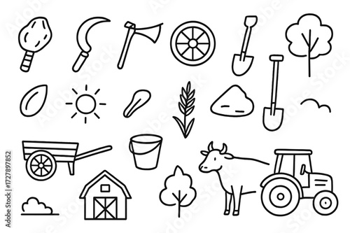 Farming Tools Evolution. Hand-drawn doodle illustration Farming tools evolution stone tool, sickle, plow, wheel, hoe, shovel, cart, bucket, barn, ox, tractor
