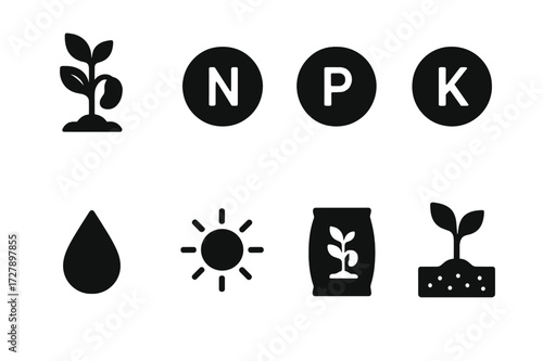 Bean Plant Nutrition Icons. Solid, filled icon set of bean plant nutrition: nitrogen, phosphorus, potassium, water, sunlight, minerals, organic fertilizer,