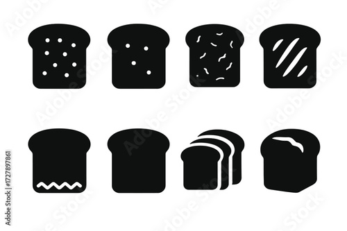 Toast Icon Set. Solid, filled icon set of toast and bread textures: toasted, lightly toasted, burnt, golden brown, crispy, soft, sliced, crusty. Solid, filled