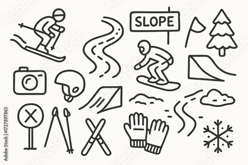 Ski Slope Doodle. Hand-drawn doodle illustration [Ski slope activities] [downhill skier, snowboarder, snow trail, slope sign, pine tree, jump ramp, flag,