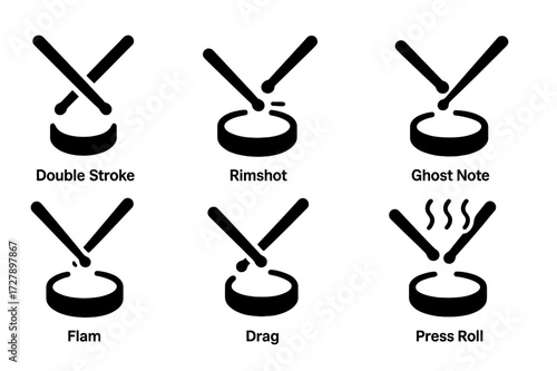 Drumstick Maneuvers Icons. Solid, filled icon set of drumstick maneuvers: double stroke, rimshot, ghost note, paradiddle, flam, drag, buzz roll, press roll.