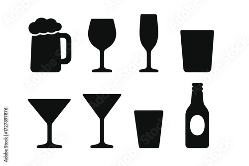 Alcoholic Drink Icons. Solid, filled icon set of alcoholic drinks: beer mug, wine glass, champagne flute, whiskey tumbler, cocktail glass, martini glass, shot