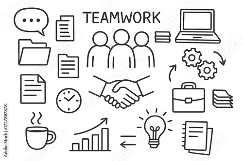 Teamwork Icons Illustration. Hand-drawn doodle illustration Teamwork in workload management [group of people, speech bubble, document stack, laptop, folder,